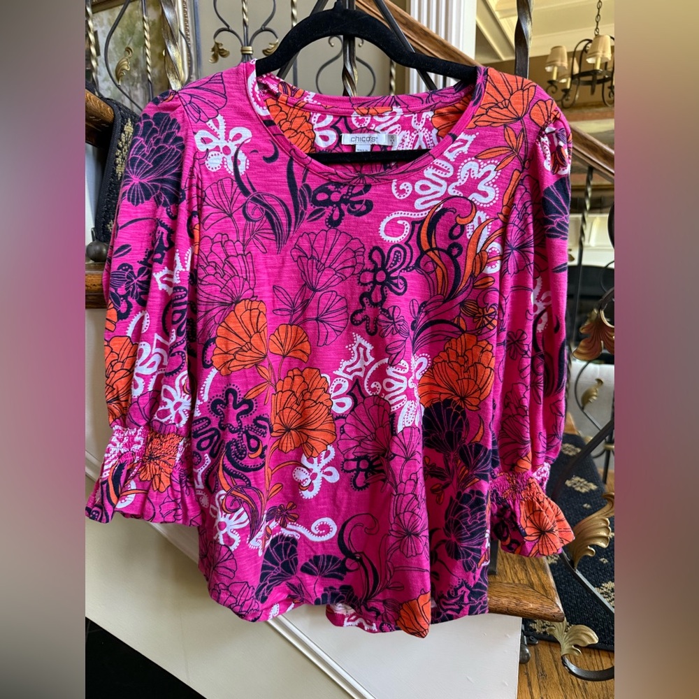 Chico's Fuchsia Pink Floral Long Sleeve Tee with Orange and Black Accents